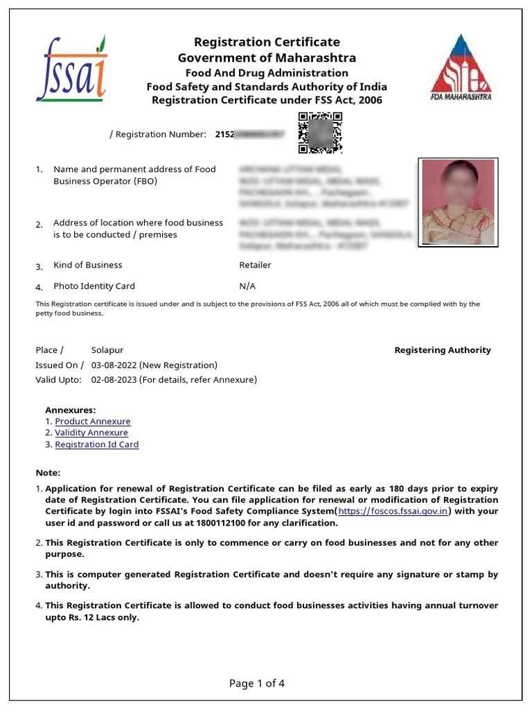 Sample FSSAI Food License Certificate